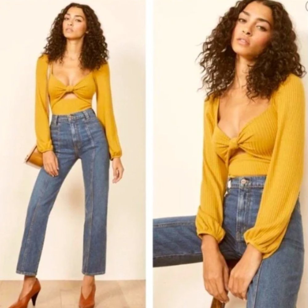 NWOT Reformation Rosalind Long Sleeve Peephole Front Top Golden Yellow